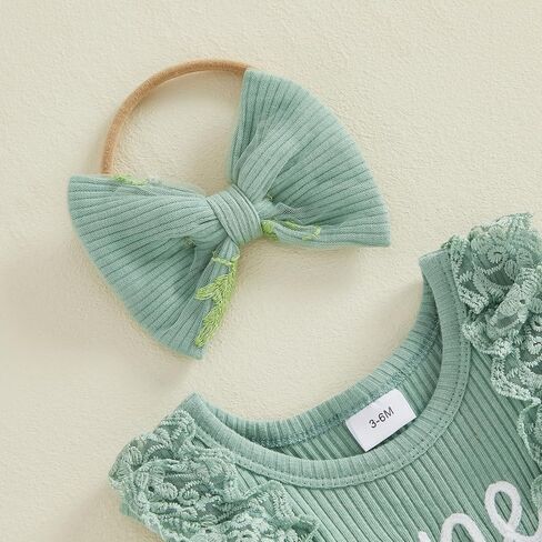 Baby Girl 1st Birthday Outfit One Year Old Romper Dress Lace Ruffle Sleeveless Bodysuit Headband Cake Smash Photo Shoot (Mesh Flower- Green, 12-18 Months) in Kuwait