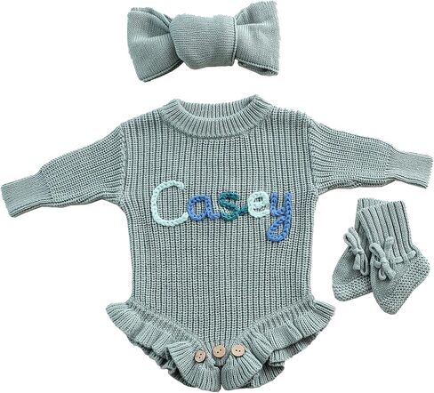 Personalized Embroidered Name Baby Romper Set, Newborn Coming Home Outfit, Knit Cotton Long Sleeve, Baby Girl Gift in Kuwait