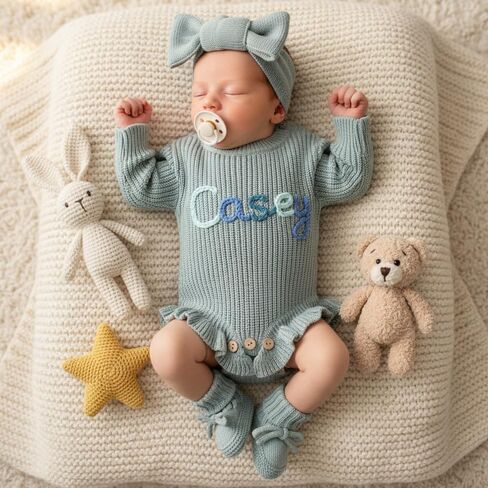 Personalized Embroidered Name Baby Romper Set, Newborn Coming Home Outfit, Knit Cotton Long Sleeve, Baby Girl Gift in Kuwait