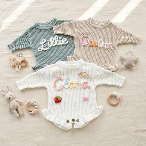 Personalized Embroidered Name Baby Romper Set, Newborn Coming Home Outfit, Knit Cotton Long Sleeve, Baby Girl Gift in Kuwait