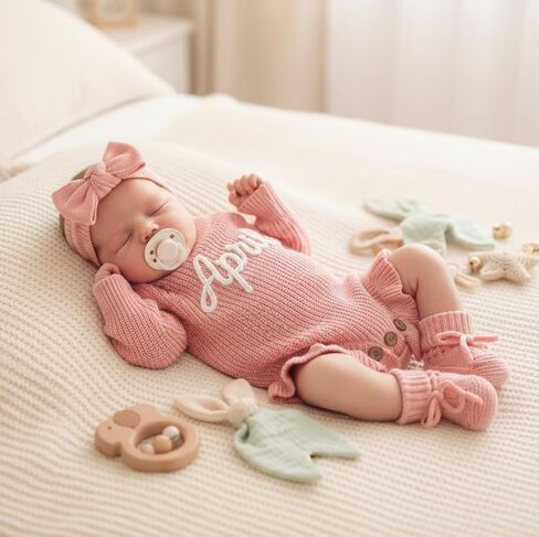 Personalized Embroidered Name Baby Romper Set, Newborn Coming Home Outfit, Knit Cotton Long Sleeve, Baby Girl Gift in Kuwait