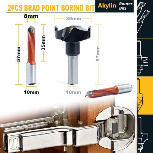 2Pcs*8mm Dia. Brad Point Boring Bit Dowel Drill Bits 57mm Long(L/H) | 10mm Shank Left Hand Carbide Tipped for Hinge and Screw,Matched Replacement Bits for Hinge Boring Machine in Kuwait