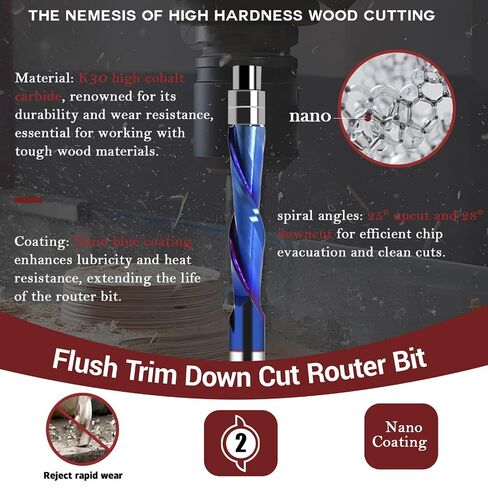 No More Bearing Pop-Off 1/4" Shank Flush Trim Router Bit - Upcut Spiral Design with Top Bearing for MDF Plywood Hardwood, 1-1/8" CL, 3" OVL in Kuwait