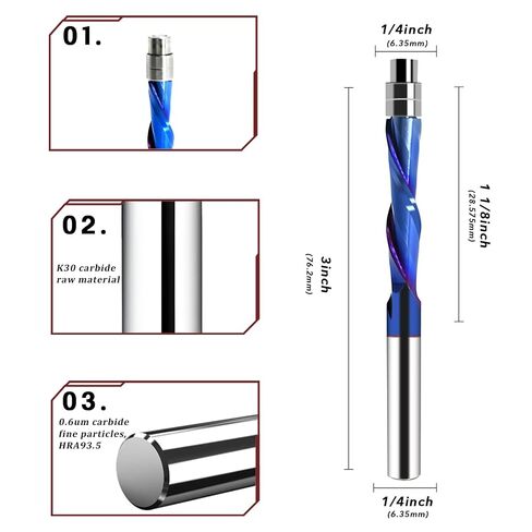 No More Bearing Pop-Off 1/4" Shank Flush Trim Router Bit - Upcut Spiral Design with Top Bearing for MDF Plywood Hardwood, 1-1/8" CL, 3" OVL in Kuwait