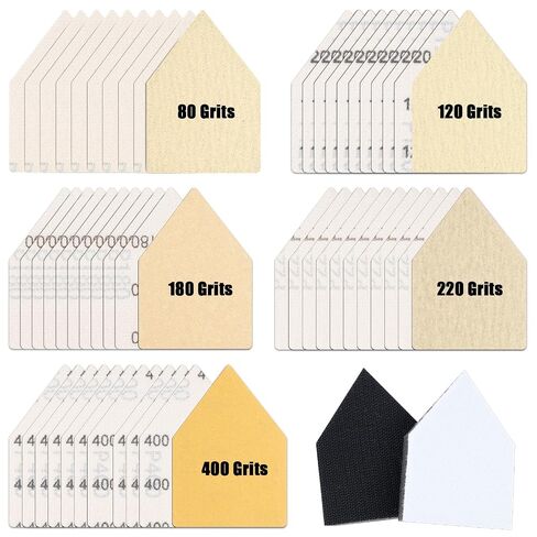 100 Pcs 3.5 X 2.5 in Triangle Sanding Paper, 80/120/180/220/400 Flocking Sanding Sheets with 2 Pcs Pads, Hook & Loop M12 Orbital Detail Sander Sandpaper for Tight Spaces, Contour Polishing in Kuwait