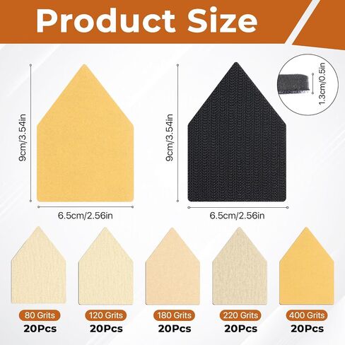 100 Pcs 3.5 X 2.5 in Triangle Sanding Paper, 80/120/180/220/400 Flocking Sanding Sheets with 2 Pcs Pads, Hook & Loop M12 Orbital Detail Sander Sandpaper for Tight Spaces, Contour Polishing in Kuwait