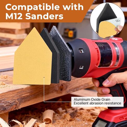 100 Pcs 3.5 X 2.5 in Triangle Sanding Paper, 80/120/180/220/400 Flocking Sanding Sheets with 2 Pcs Pads, Hook & Loop M12 Orbital Detail Sander Sandpaper for Tight Spaces, Contour Polishing in Kuwait