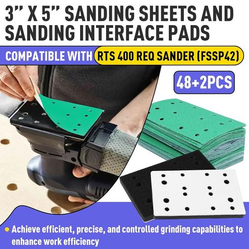 48Pcs 3"x5" Hook and Loop Sanding Sheets with 2Pcs Interface Pads | Compatible with RTS 400 REQ Sander(FSSP42), 80/150/240/320 Grit 12 Sheets Each, Perforated Heavy-Duty Sandpaper in Kuwait