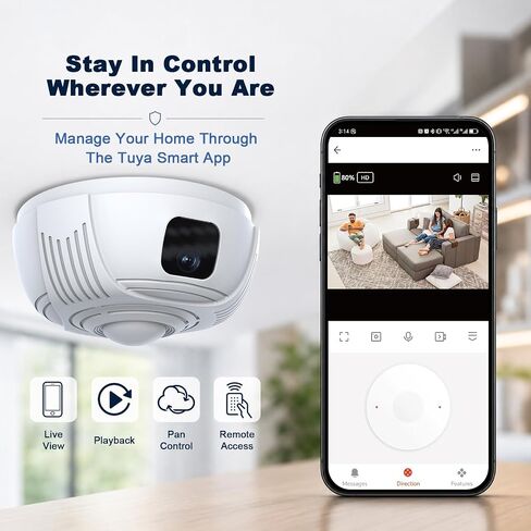 Smoke Detector Wireless Security Camera with 330° Coverage, 2.4G/5G Wi-Fi | Rotating Camera Lens | Tuya Smart App | Monitor Family and Office Property | Instant Motion Alerts | Remote Access in Kuwait