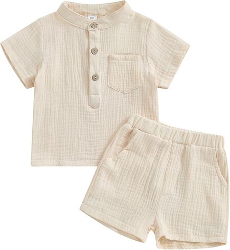 Baby Boy Summer Clothes Toddler Infant Short Sleeve Solid Cotton Linen T-Shirt Tops Casual Shorts Set 2Pcs Outfits in Kuwait