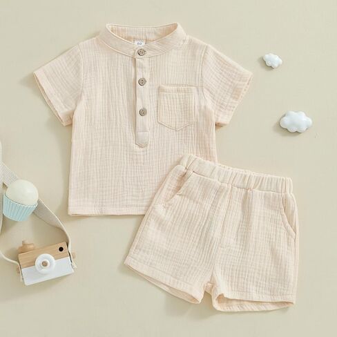 Baby Boy Summer Clothes Toddler Infant Short Sleeve Solid Cotton Linen T-Shirt Tops Casual Shorts Set 2Pcs Outfits in Kuwait