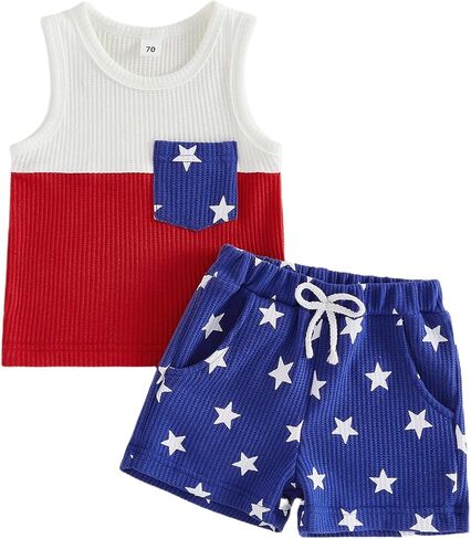 4th of July Baby Boy Clothes Summer Toddler Outfit Sleeveless Vest Tank Tops and Stars Shorts Set Infant Clothes in Kuwait