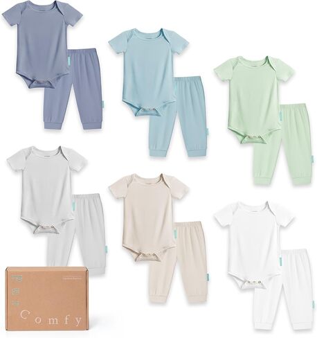 PurComfy Baby Bodysuits and Pants Set, 12-Piece Bamboo Viscose Unisex Baby Outfit, Matching Neutral Baby Clothes for 0-24M in Kuwait