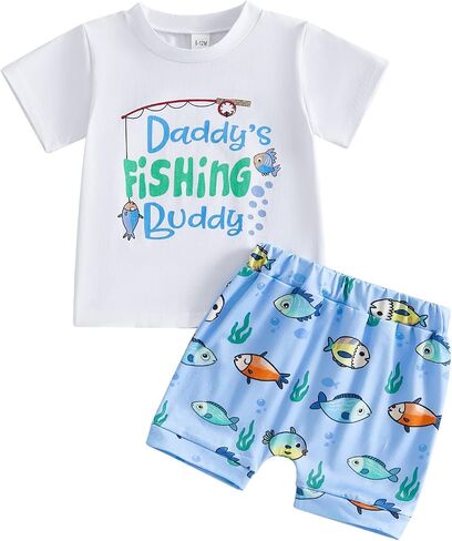 Baby Boy Fishing Outfit Adorable Fish Print Short Sleeve Shirt And Striped Shorts Set Toddler Summer Clothes in Kuwait