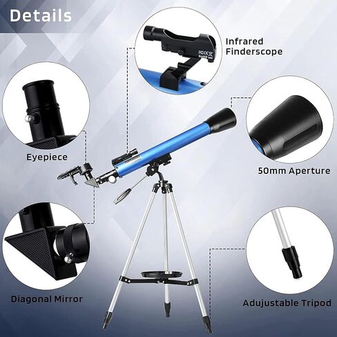 Telescope Astronomical, 50mm Refractor with Finderscope and Mobile Phone Adapter, Portable Travel Telescope for Astronomy Beginners in Kuwait