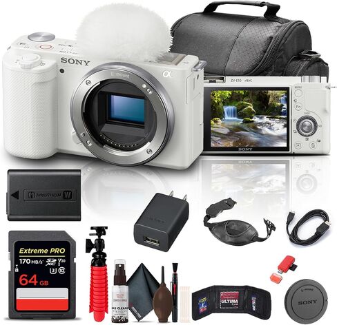 Sony ZV-E10 Mirrorless Camera (Body, White) (ILCZV-E10/W) + 64GB Card + Bag + Card Reader + HDMI Cable + Flex Tripod + Hand Strap + Memory Wallet + Cleaning Set in Kuwait