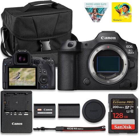 Canon EOS R5 Mark II Mirrorless Camera (Body Only)| 45MP Full Frame Sensor 8K Video Recording | Advanced IBIS Autofocus for Professional Creators (6536C002) + 128GB Card + Camera Case in Kuwait