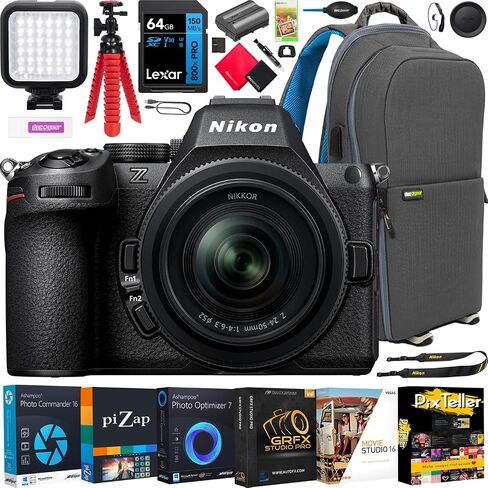 Nikon Z5II Full-Frame FX-Format Mirrorless Camera with NIKKOR Z 24-200mm f/4-6.3 VR Zoom Lens Bundle, 24.5MP Sensor, 4K UHD Video, 64GB Lexar SDXC Memory Card, Extra Battery, Camera Bag & eBook in Kuwait