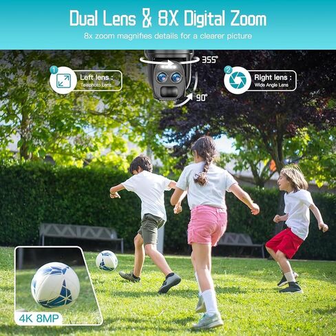4K Dual Lens Security Camera Wireless Outdoor,360°PTZ Solar Security Camera | Pan/Tilt, 2.4G WiFi, 8MP Color Night Vision, PIR Motion Detection, Spotlight Alarm, Easy to Install, 2-Way Audio, Waterproof in Kuwait