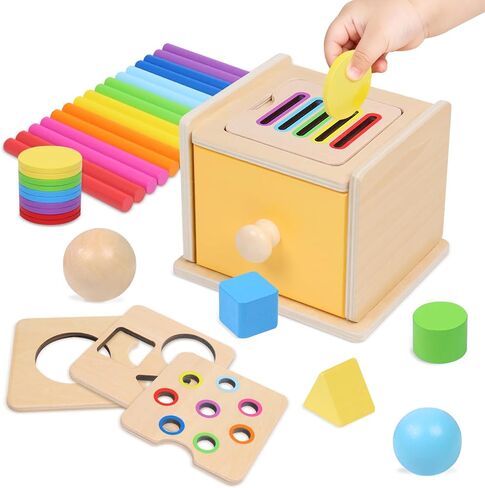 YHHYTOY Montessori Toys for 1+ Year Old, 4 in 1 Object Permanence Coin Box, Ball Drop Color Sorting Sensory Fine Motor Skills Toys Shape Sorter for Toddlers 1-3, Gifts for 1 2 3 Year Old Girls Boys in Saudi Arabia
