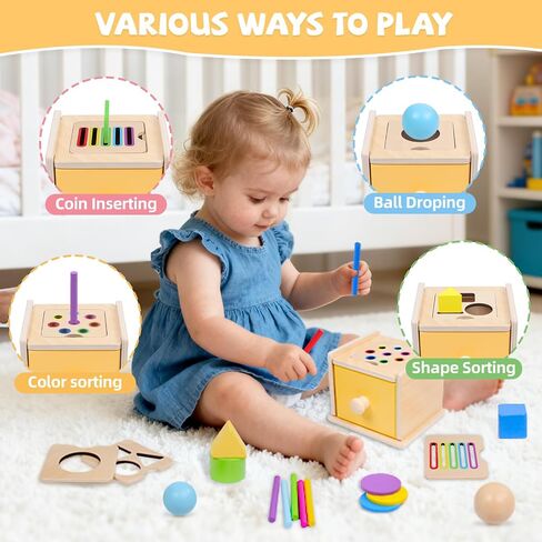 YHHYTOY Montessori Toys for 1+ Year Old, 4 in 1 Object Permanence Coin Box, Ball Drop Color Sorting Sensory Fine Motor Skills Toys Shape Sorter for Toddlers 1-3, Gifts for 1 2 3 Year Old Girls Boys in Saudi Arabia