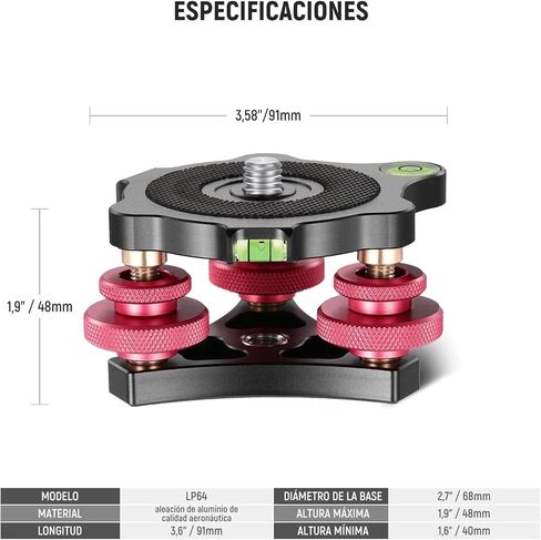 NEEWER Tripod Head Leveling Base Camera Leveler, Aircraft Grade Aluminum Alloy 3 Axis Tri Wheel Head, 3/8" Thread, -5° Precise Angle Adjustment for Macro Panoramic Photography, LP64 in Kuwait