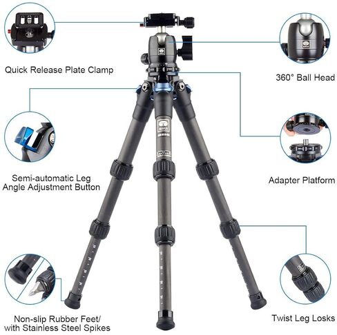 SIRUI AM-223 Carbon Fiber Camera Tripod Mini Travel Compact Tripod with 360° B-00K Ball Head, Arca Swiss Quick Release Plate, Loads up 15KG, Max Height 16", Folded Height 12.1",Black in Kuwait