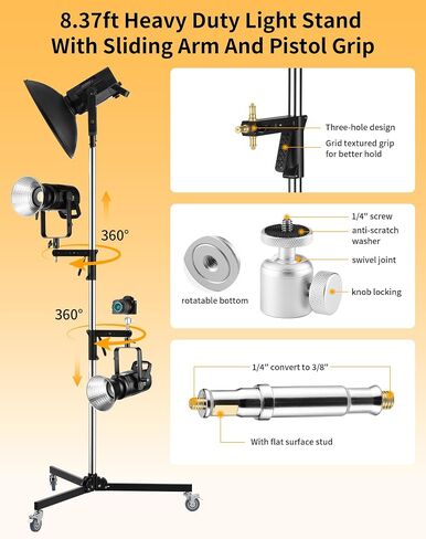 Meking Heavy Duty Stainless Steel Light Stand with Casters, 8.37 ft/ 255 cm | Adjustable Photography Tripod Stand with 2 Pistol Grips & Folding Legs, for Studio Monolight Softbox Speedlight Reflector in Kuwait