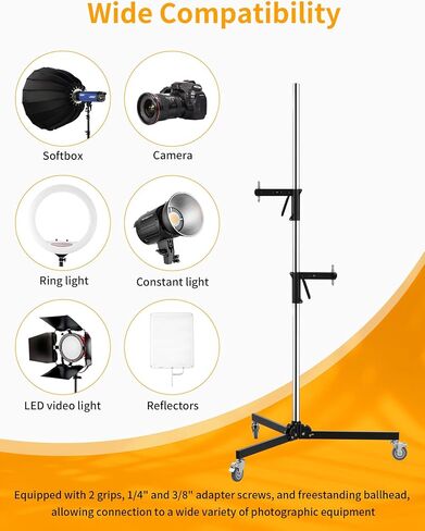 Meking Heavy Duty Stainless Steel Light Stand with Casters, 8.37 ft/ 255 cm | Adjustable Photography Tripod Stand with 2 Pistol Grips & Folding Legs, for Studio Monolight Softbox Speedlight Reflector in Kuwait
