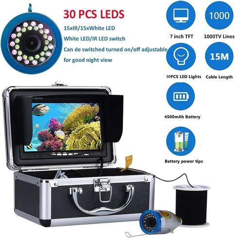 Fish Finder Underwater Fishing Camera Double Lamp 30LEDs 7Inch 15M 30M 50M IP68 Waterproof for ICE/Sea/River Fishfinder in Kuwait