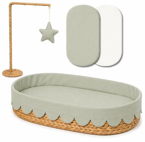 Premium Baby Changing Basket - Scalloped Changing Basket for Baby Dresser - Handwoven Wicker Moses Baskets for Newborn with Waterproof Changing pad & Linen Cover - Moses Basket Bassinet in Kuwait