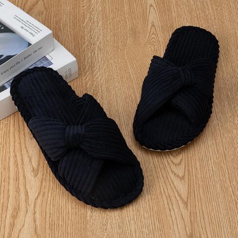 Woman's Corduroy Cross Bow Slippers Open Toe Non-Slip House Shoes Indoor Outdoor in Kuwait
