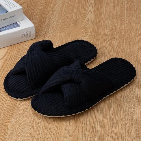 Woman's Corduroy Cross Bow Slippers Open Toe Non-Slip House Shoes Indoor Outdoor in Kuwait