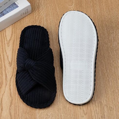 Woman's Corduroy Cross Bow Slippers Open Toe Non-Slip House Shoes Indoor Outdoor in Kuwait