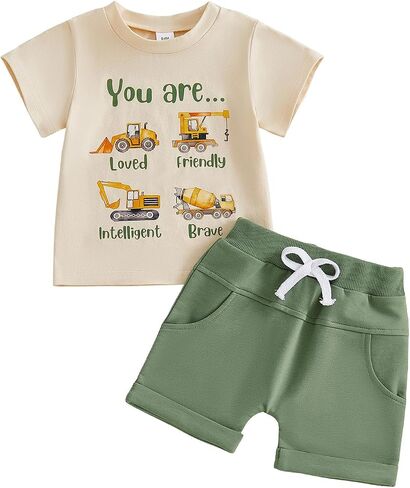 Kaipiclos Toddler Baby Boy Summer Outfit 6 12 18 24 Month 2T 3T 4T Boys Clothes Letters Shirt Truck Baby Tee + Shorts Set in Kuwait