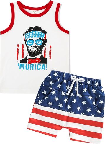 Toddler 4th Of July Outfit Boy Lincoln Sleeveless T-Shirt Top +American Flag Short Pants 2pcs in Kuwait