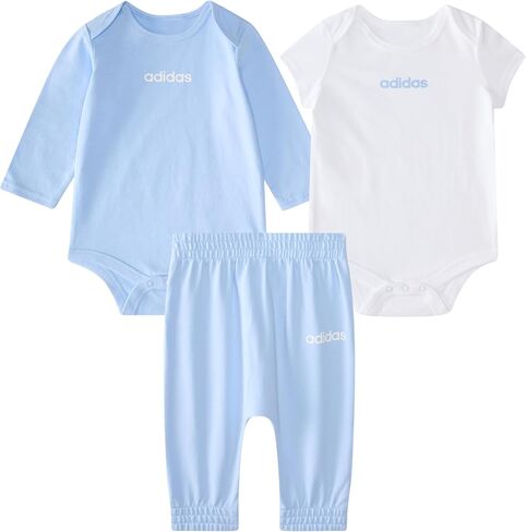 adidas Unisex 3-Piece Logo Bodyshirt & Pant Set, Blue With White, 9M | Pant Sets, elastic waist, relaxed fit in Kuwait