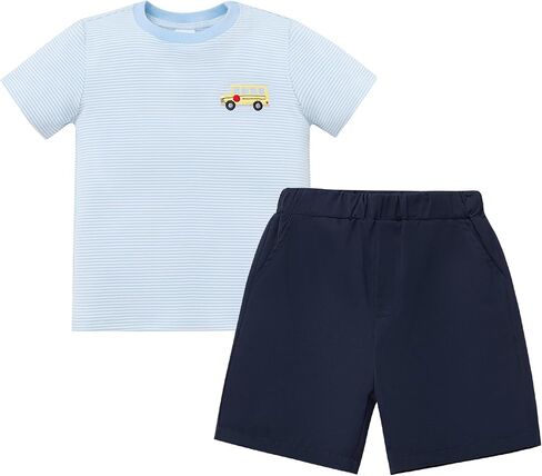IBTOM CASTLE Toddler Boys Back to School Outfit Embroidered Shirt Shorts | Boy Back to School Outfit Apple or Bus Embroidery Stripe Short Sleeve T-Shirt Solid Shorts First of Day Kindergarten Clothes in Kuwait