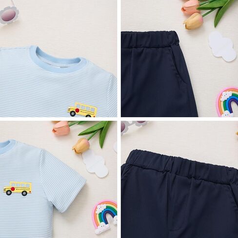 IBTOM CASTLE Toddler Boys Back to School Outfit Embroidered Shirt Shorts | Boy Back to School Outfit Apple or Bus Embroidery Stripe Short Sleeve T-Shirt Solid Shorts First of Day Kindergarten Clothes in Kuwait