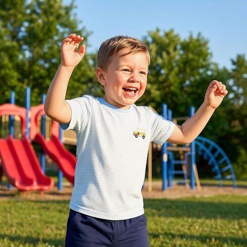 IBTOM CASTLE Toddler Boys Back to School Outfit Embroidered Shirt Shorts | Boy Back to School Outfit Apple or Bus Embroidery Stripe Short Sleeve T-Shirt Solid Shorts First of Day Kindergarten Clothes in Kuwait