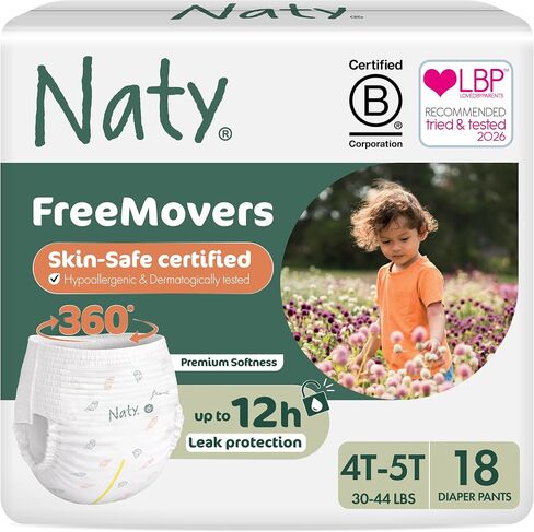 Naty FreeMovers Pull Up Training Pants, Size 6, 4T-5T, (30–44 lbs), 18 Ct. | For Sensitive Skin, Hypoallergenic Potty Training Underwear, Up to 12 Hours Leak Protection, Fragrance-Free, Stretchy comfort in Kuwait