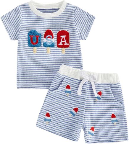 Toddler Boy 4th of July Outfit USA Short Sleeve T-shirt Plaid Shorts Baby Boy Independence Day Clothes Summer Set in Kuwait