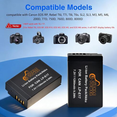 Pickle Power LP-E17 Battery 2-Pack and LED USB Charger for Canon EOS R50 R8 R10 RP, Rebel T8i T7i T6i T6s SL2 SL3, EOS M3, M5, M6, 200D, 77D, 750D, 760D, 800D, 8000D, KISS X8i Camera in Kuwait