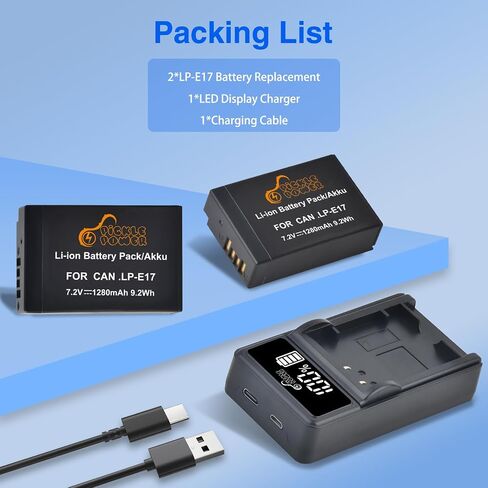 Pickle Power LP-E17 Battery 2-Pack and LED USB Charger for Canon EOS R50 R8 R10 RP, Rebel T8i T7i T6i T6s SL2 SL3, EOS M3, M5, M6, 200D, 77D, 750D, 760D, 800D, 8000D, KISS X8i Camera in Kuwait