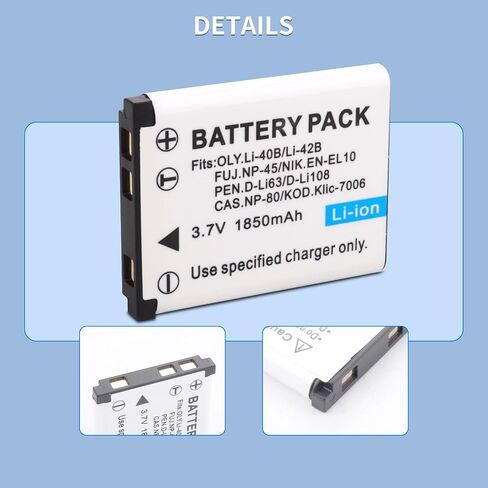Li-40B Li-42B NP-45 NP-45A NP-45S EN-EL10 D-Li63 Li108 NP-80 KLIC-7006 Battery and Charger for Nikon Coolpix S4000 S210 S220 S230 S570 FinePix XP50 XP60 XP70 XP80 XP90 T350 T360 T400 INSTAX Mini 90 in Kuwait