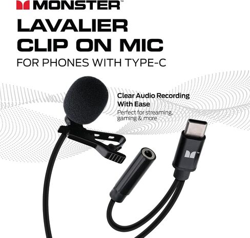 XTREME DIGITAL LIFESTYLE ACCESSORIES Monster Lavalier Clip-On Mic for Type-C USB Ports, Works with Smartphones/Cameras/Recording Devices, 3.5mm Aux Out Port, Plug and Play Installation in Kuwait