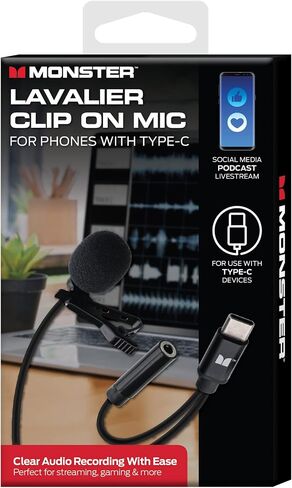 XTREME DIGITAL LIFESTYLE ACCESSORIES Monster Lavalier Clip-On Mic for Type-C USB Ports, Works with Smartphones/Cameras/Recording Devices, 3.5mm Aux Out Port, Plug and Play Installation in Kuwait