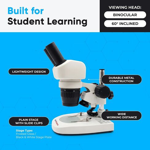 SciScope ES1 Elementary School Stereo Microscope, Binocular Microscope with 20X Magnification, WF10X Eyepieces, 2X Objective, Natural Light, 70mm Working Distance for Kids STEM Learning in Kuwait