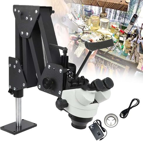 Jewelry Microscope,Micro Inlaid Mirror 7x-45x Multi-Directional Microscope,Working Distance 3.7-11.8 Inch,Micro-Setting Microscope Spring Bracket,with Ring Light and Ball Vise (85mm) in Kuwait