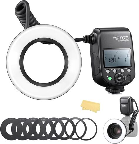 Godox MF R76 Macro LED Ring Flash 76Ws 660 Full-Power Flashes Recycle Time 0.1-1.5S Dual-Flash Tubes Power Adjustment 1/128 to 1/1 10 Levels of Power Ratio for Canon Nikon Sony Fuji Olympus Panasonic in Kuwait